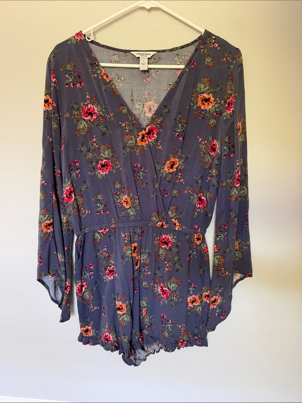 Arizona Jean Company Gray-Blue Floral Print Long Sleeve Romper